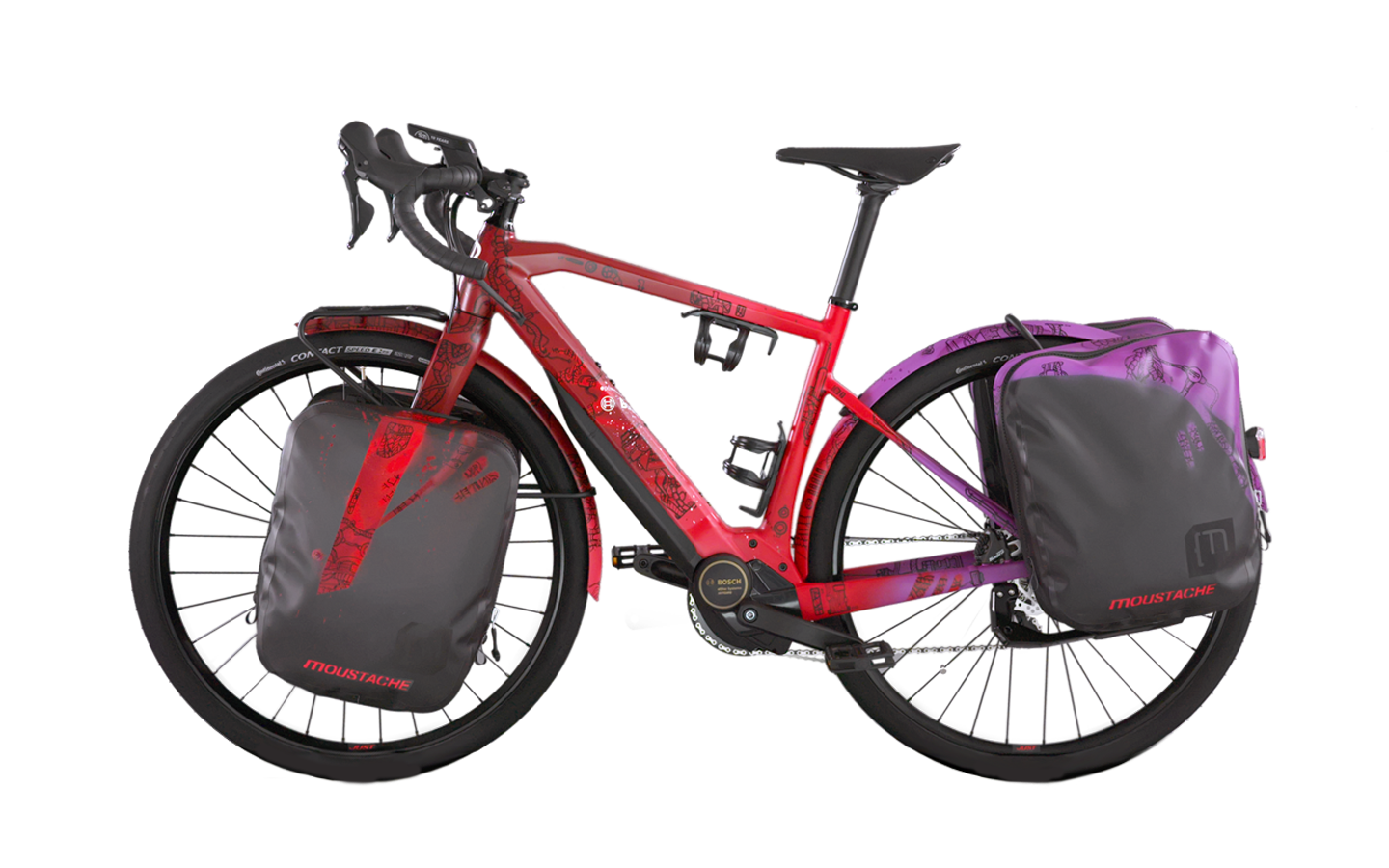 Red eBike with red and purple cargo bags on front and back wheels